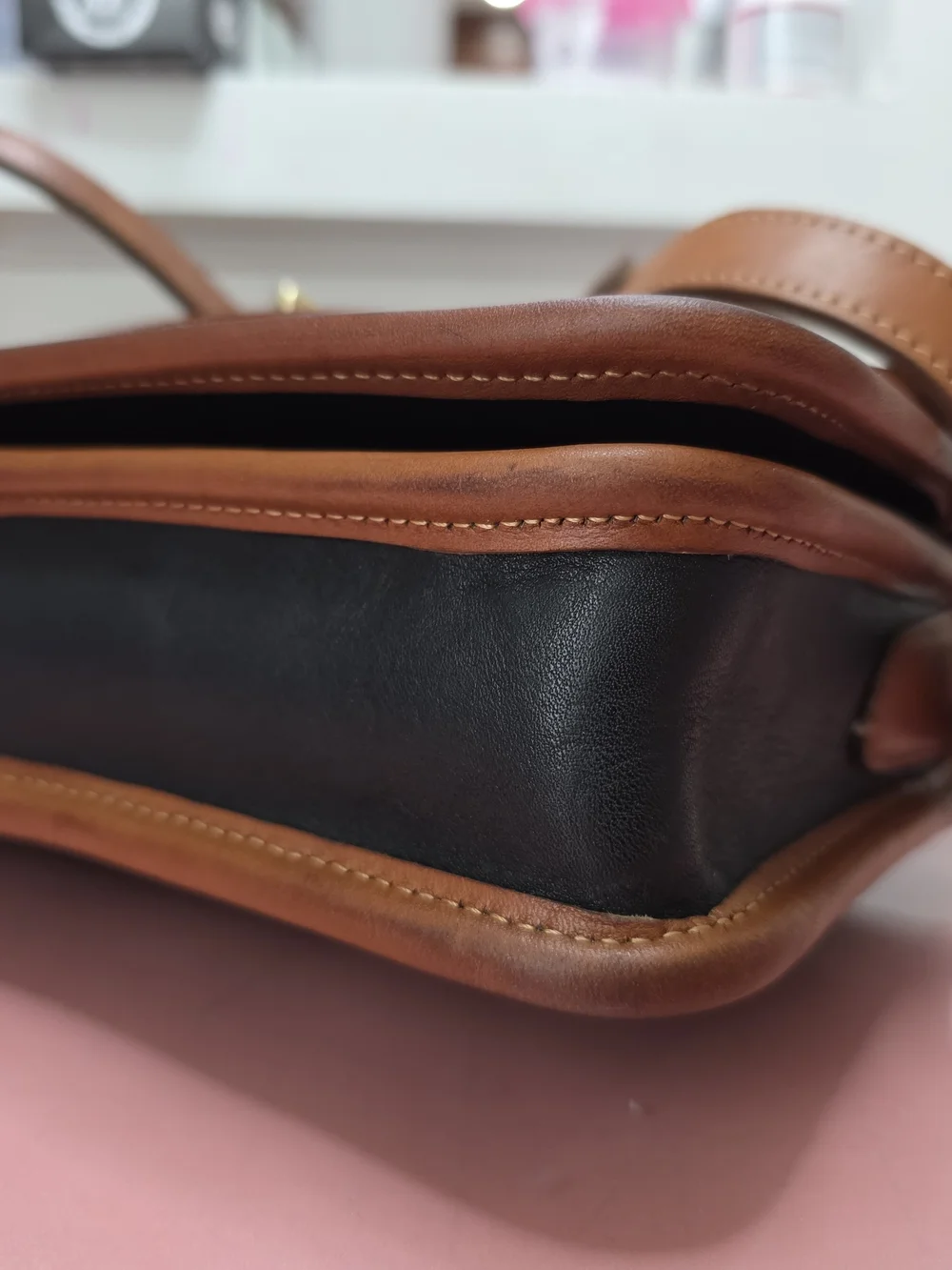 Coach Black Leather Crossbody with Brown Trim and Gold Turn-Lock